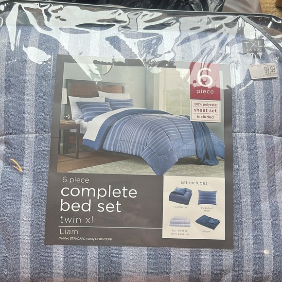 Blue Striped Twin XL Bed Set